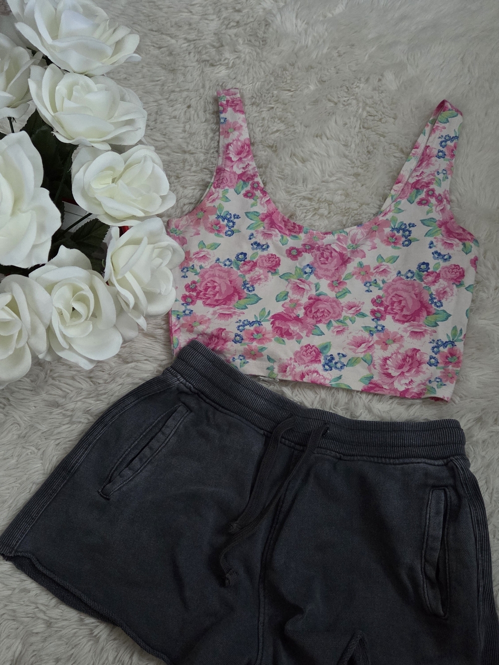 Floral Pink Scoop Neck Crop Tank Top